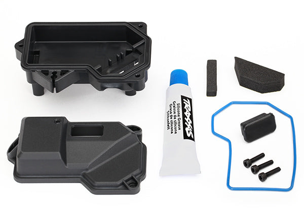 Traxxas® 8324 Box, receiver (sealed)(steering servo mount)/ receiver cover/ access plug/ foam pads/ silicone grease/ 2.5x10 CS (3)