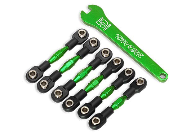 Traxxas® 8341G Turnbuckles, aluminum (green-anodized), camber links, 32mm (front) (2)/ camber links, 28mm (rear) (2)/ toe links, 34mm (2)/ aluminum wrench